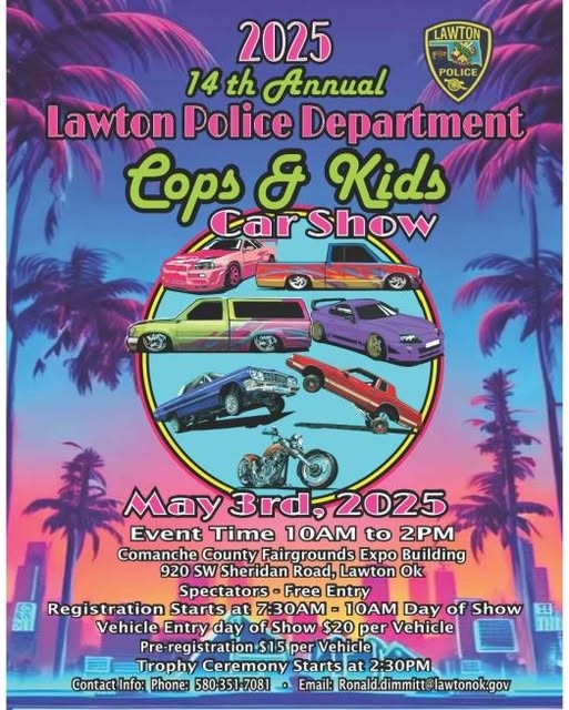 Colorful flyer for Lawton Police Dept's Cops & Kids Car Show on May 4, 2025.