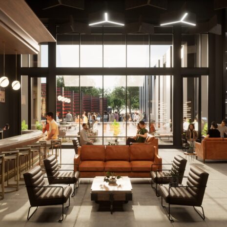 Member's Lounge 2 Modern cafe interior with stylish seating and large windows.