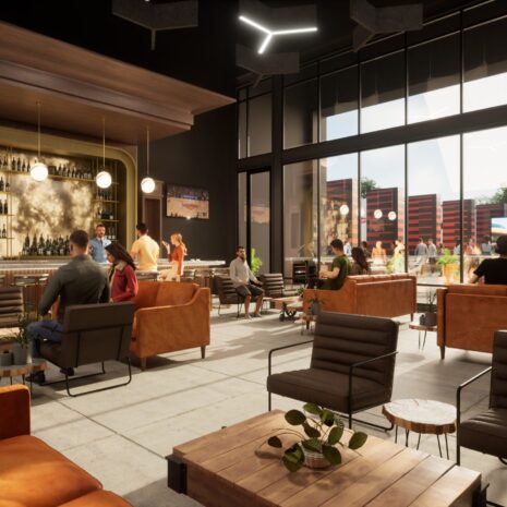 Modern lounge with leather chairs and large windows overlooking a cityscape.